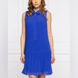 DKNY Women's Blue Sleeveless Tie Neck Pleated Short Mini Dress size 6